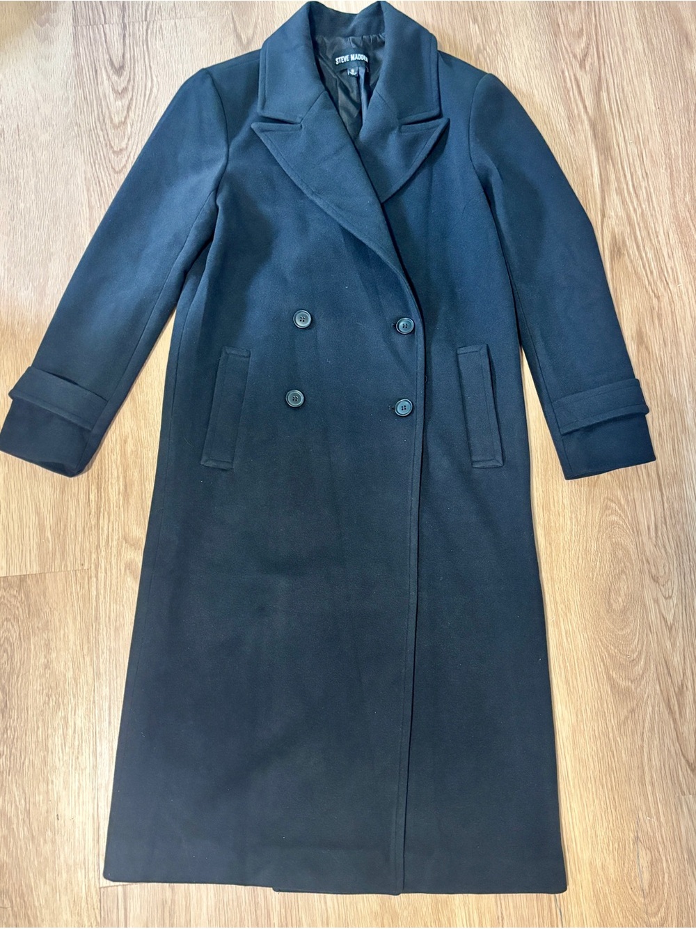 Steve Madden Long Black Double-Breasted Trench Coat